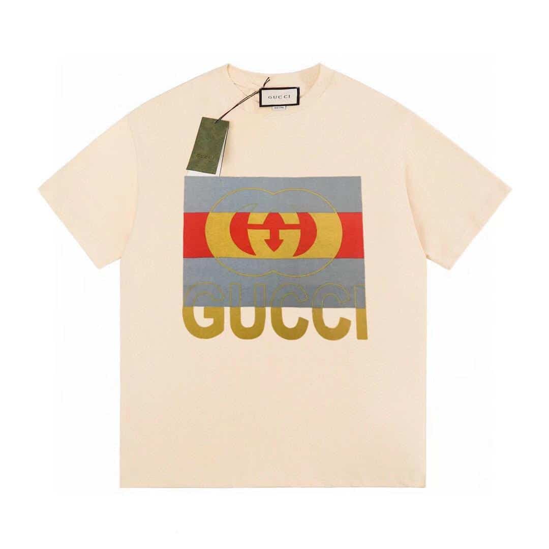 長褲, 長袖, 襯衫, 衛褲, 短褲, 短袖, 夾克, T恤 - JS K49# Gucci 古馳限定款雙G銀條水漿印花休閒短袖T恤 詳情 頂級復刻版本 顏色 杏色