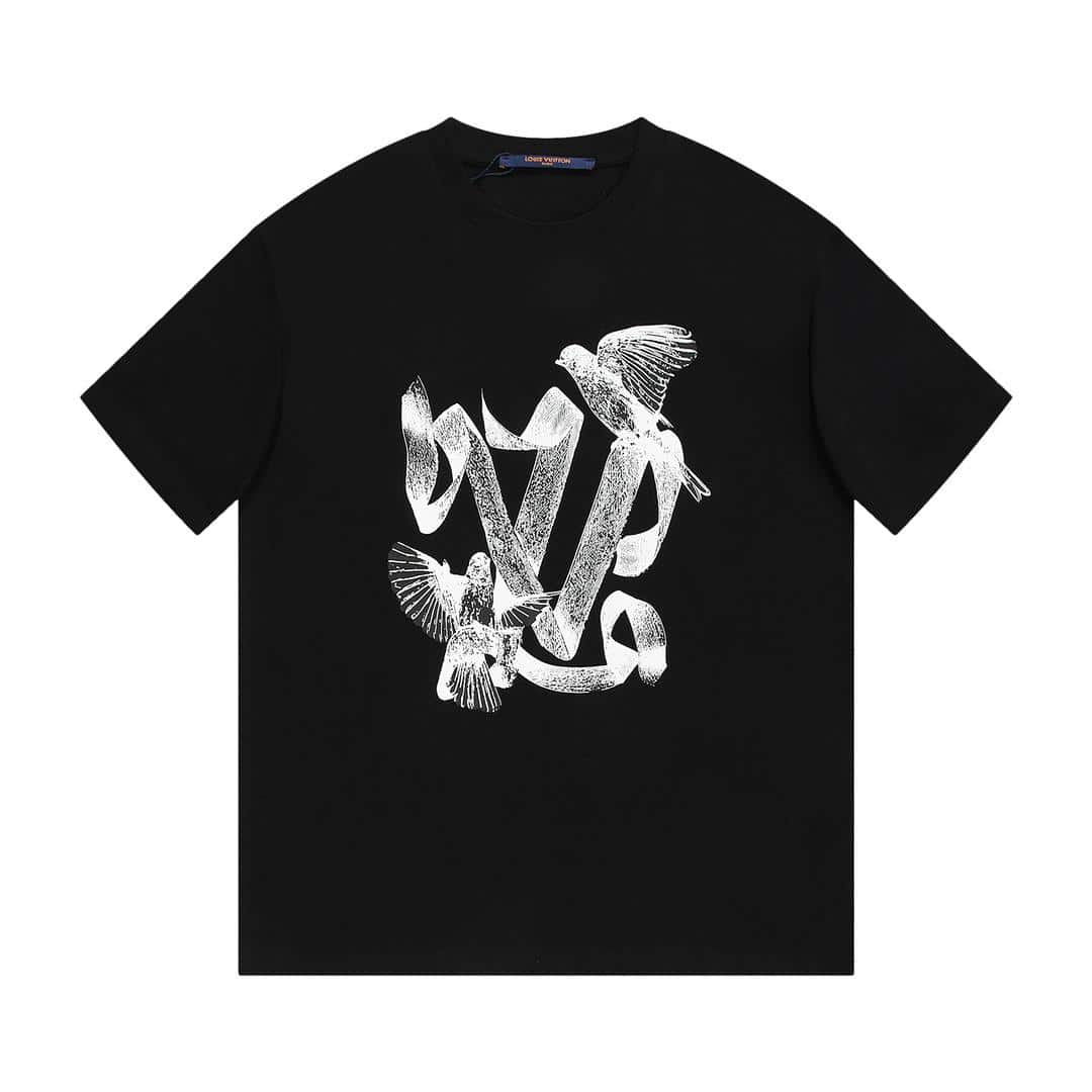 長褲, 長袖, 襯衫, 衛褲, 衛衣, 羽絨服, 短褲, 短袖, 夾克, T恤 - FG LouisVuitton 路易威登 和平鳥線條印花T恤短袖 高品質 高版本 超級標志性品牌logo印花