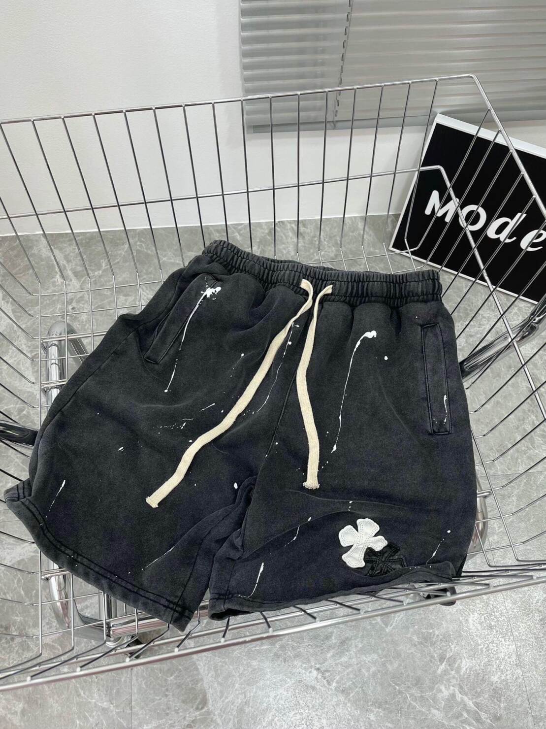 衛衣, 短褲, 短袖, T恤 - M L XL XXL Chrome Hearts克羅心潑墨拼皮刺繡水洗灰做舊短褲 男女款 夏