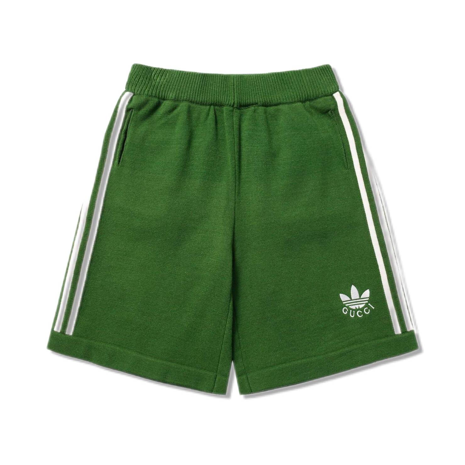 長袖, 襯衫, 短褲, 夾克 - FG adidas阿迪和Gucci古馳大膽探索聯名系列針織短褲 織帶和GG字母交織圖案巧妙搭配白色三條紋和