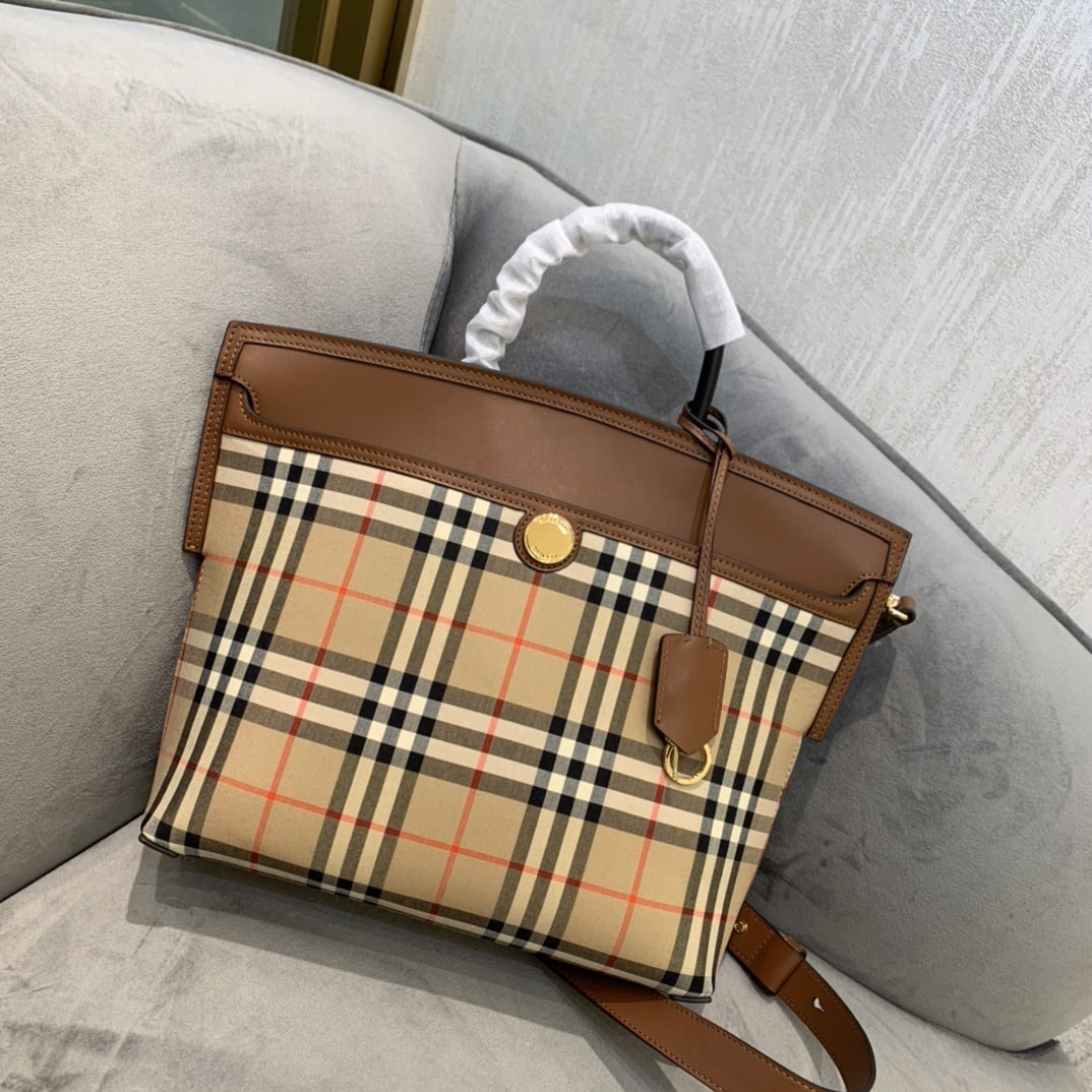Burberry vintage, Burberry - Burberry博柏利 Vintage 复古經典格紋 磁扣開合皮革手提包 女款 淺褐色