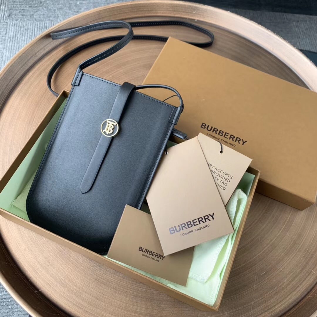 Burberry - Burberry博柏利經典金屬Logo微標 皮革手機包單肩斜挎包 男女同款 黑色