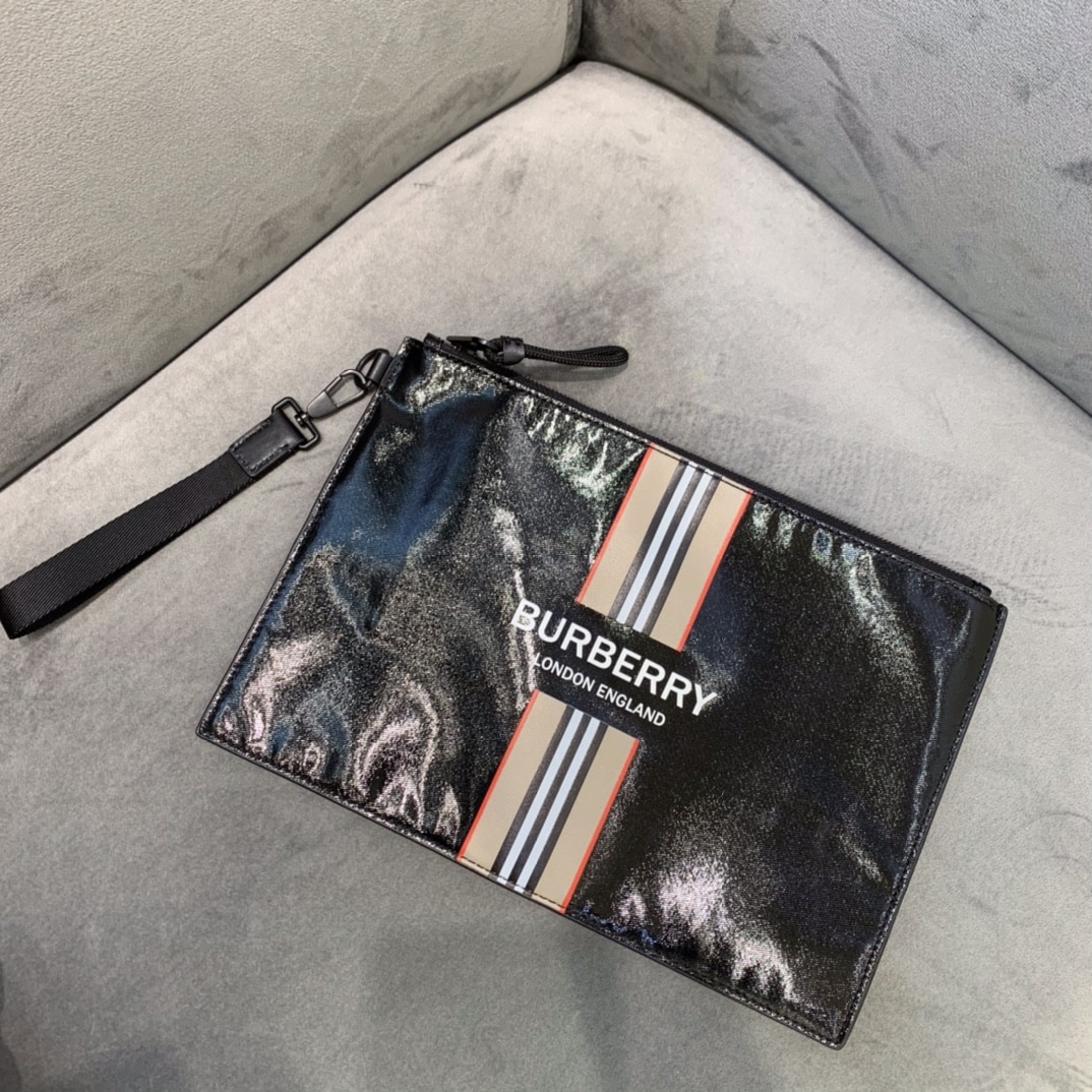 Burberry, Burberrv - Burberry博柏利徽標拼標誌性條紋印花拉鍊塗層加布收納袋手拿包小號男款 黑色