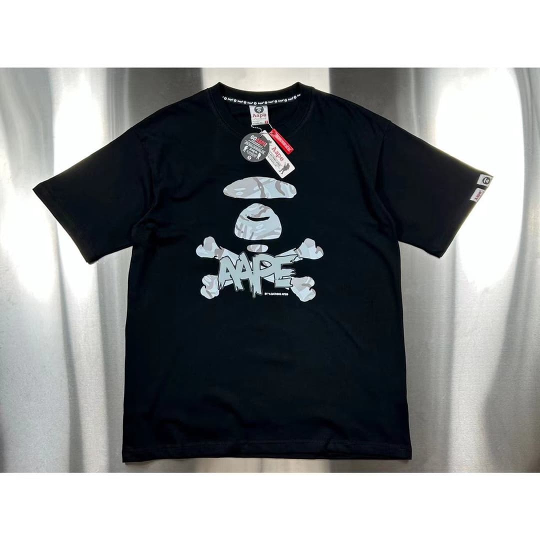 短袖, T恤 - OG010# Aae男裝春夏猿顏交叉骨字母印花圖案短袖T恤 顏色黑色 白色 淺棕色 尺碼S M L