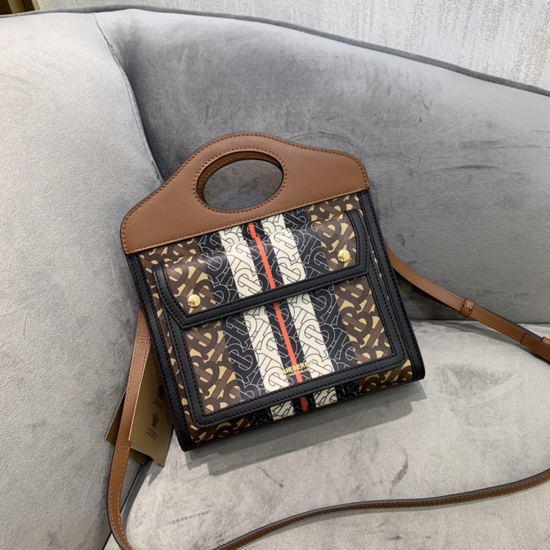 Burberry, Burberrv - Burberrv博柏利 Pocket bag Monogram老花滿印條紋可拆卸可調節肩帶口袋包托特包Tote包購物袋手提斜挎單肩包 迷你 女款 棕褐色