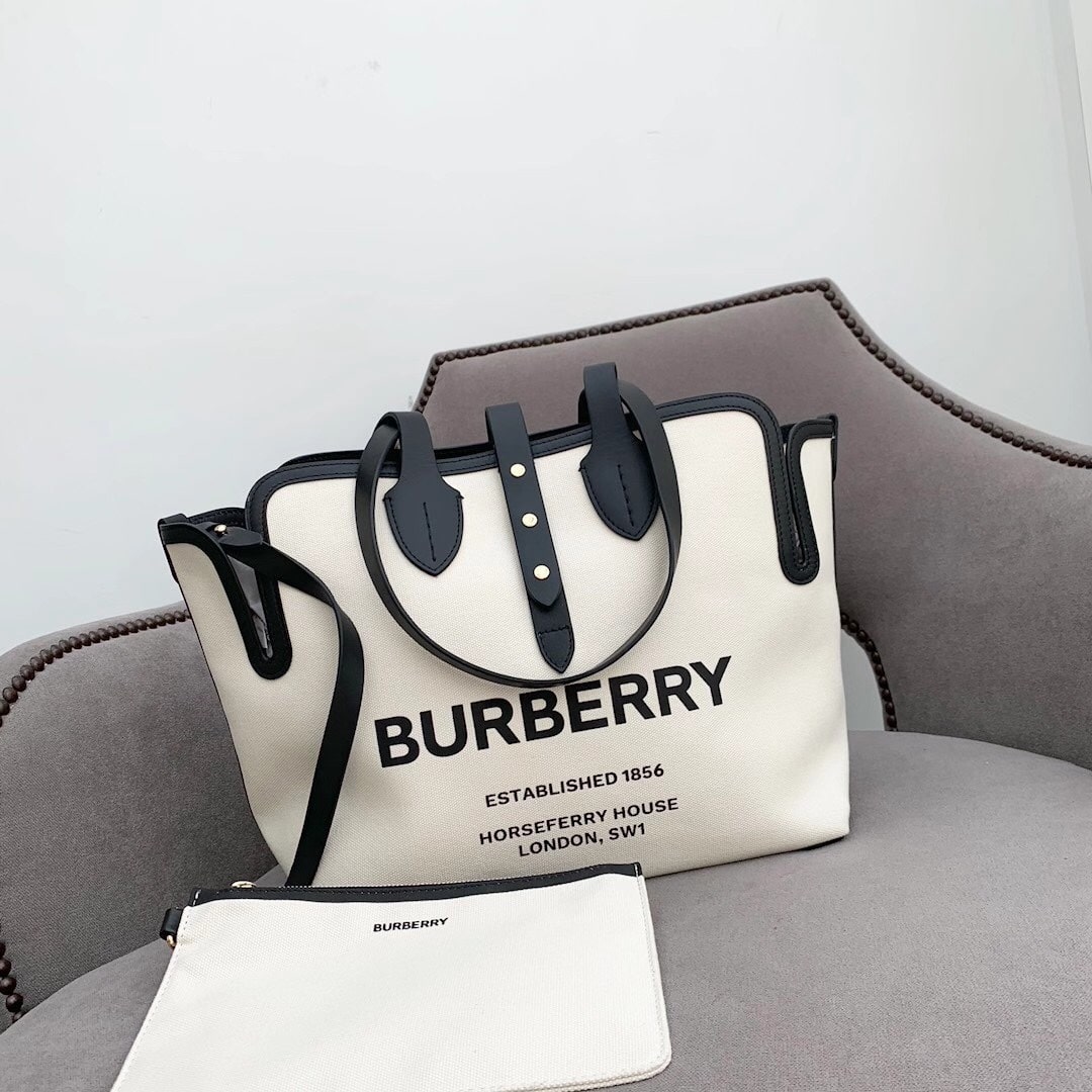 Burberry - Burberry 博柏利帆布大托特包 大容量品牌字母Logo印花 子母包手提單肩包 中號 女款 自然色/黑色