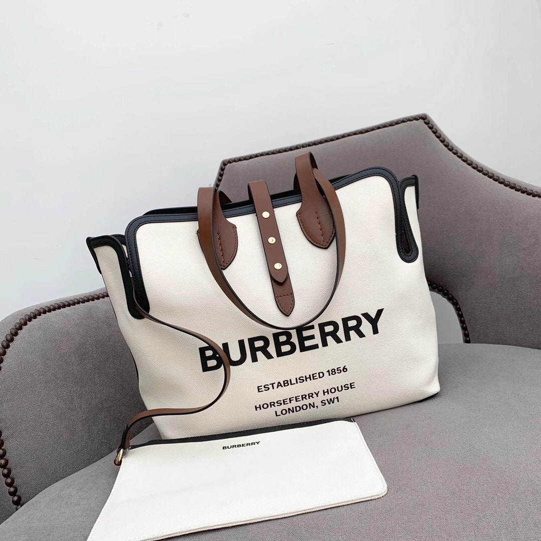 Burberry - Burberry 博柏利 vintage 复古風帆布拼皮棕邊大托特包大容量 手提包單肩包自然色