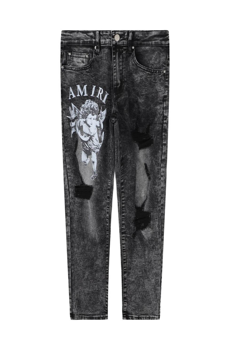 長褲, 短褲 - 款號FZ3389 AMIRI MX1高街牛仔褲修身水洗黑色天使印花長褲FOG高街男潮