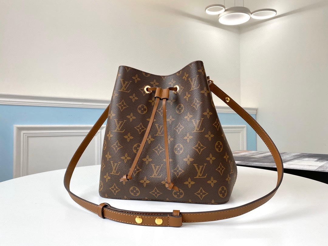 LOUIS VUITTON NEONOEMM - LOUIS VUITTON NEONOEMM 經典老花滿印塗層帆布拼牛皮飾邊水桶包手提斜挎單肩包 中號 女款棕色/焦糖色