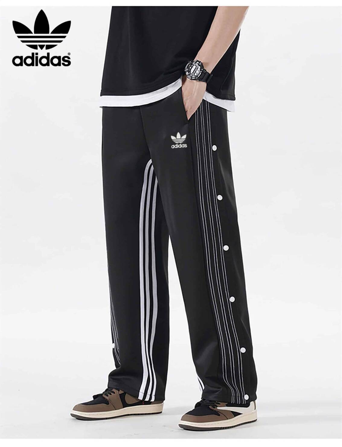 長褲, 衛褲 - FY118# ⚠️品控款✨Adidas三葉草刺繡logo高街籃球排扣闊腿衛褲運動褲✨ 將黑白兩色運用到極致