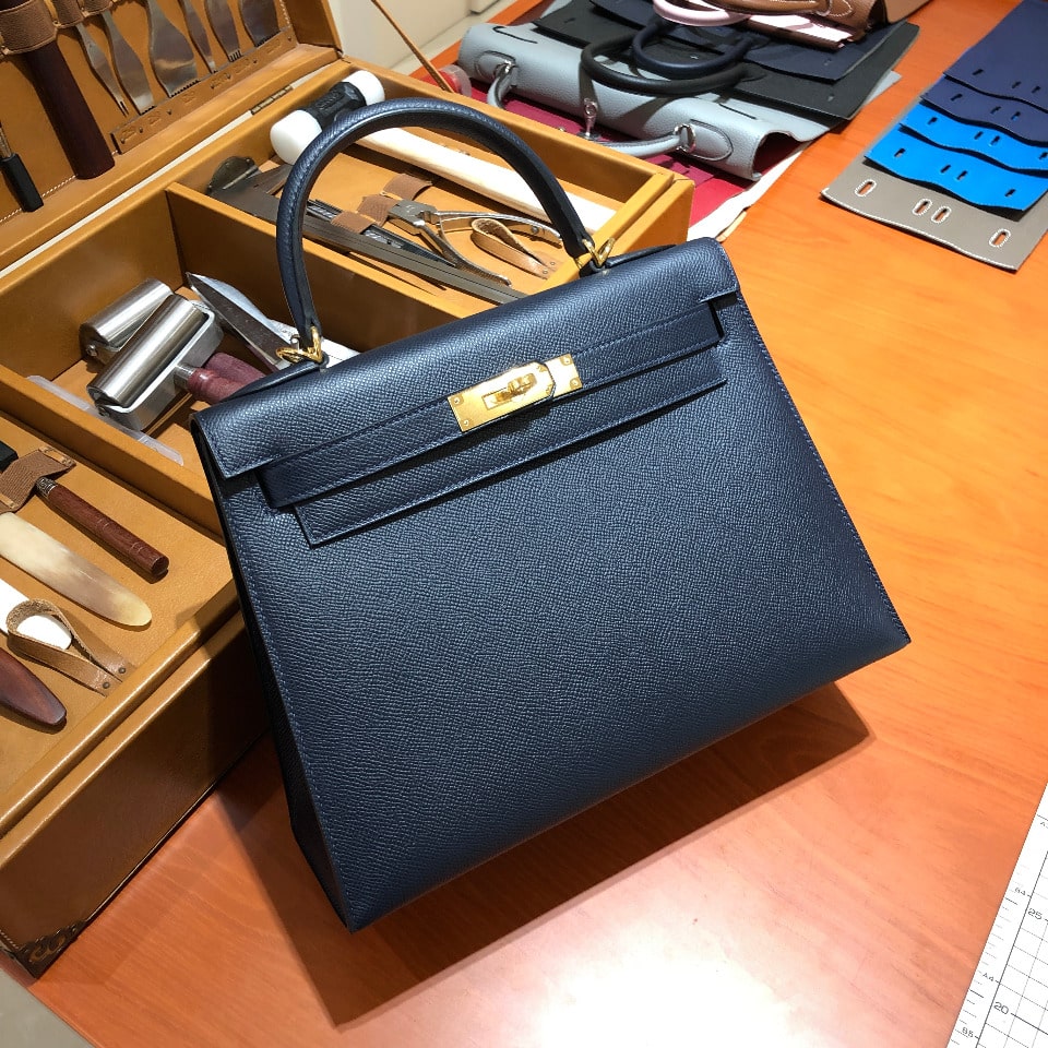 HERMES - HERMES（愛馬仕）Kelly 28 金扣 Epsom牛皮凱莉包單肩斜挎手提包女款73 Bleu Saphir寶石藍