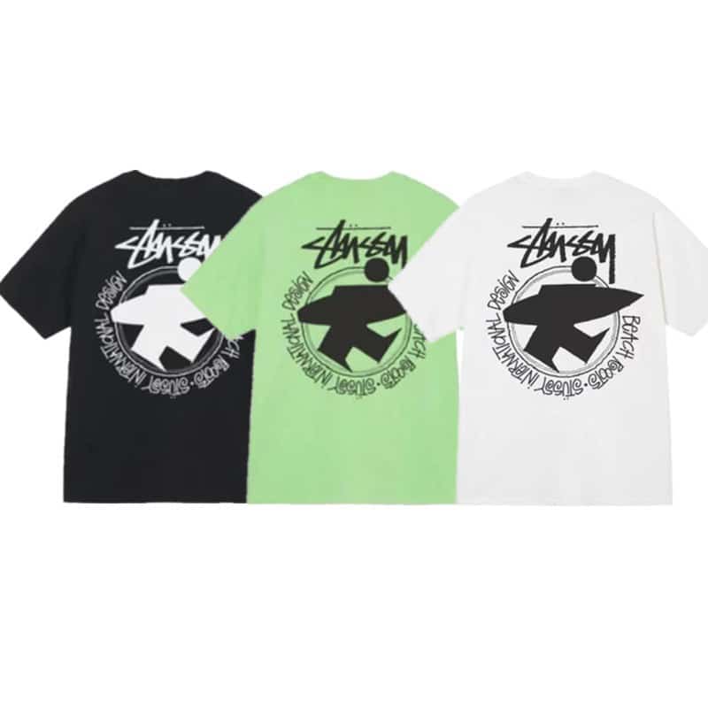 短袖, T恤 - # STUSSY 斯圖西 後背沖浪板印花圓領套頭短袖T恤 顏色黑色 白色 綠色 尺碼S