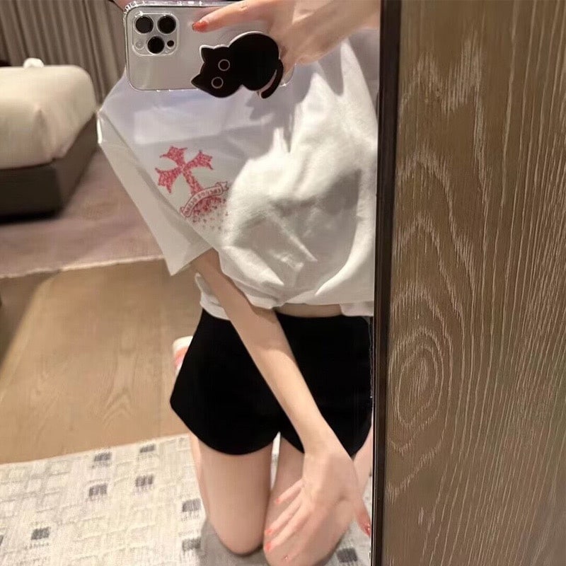 衛衣, 短褲, 短袖 - CH克家馬蹄印花彩色燙鑽水洗圓領短袖 男女同款 官網熱門爆款｜網紅明星同款