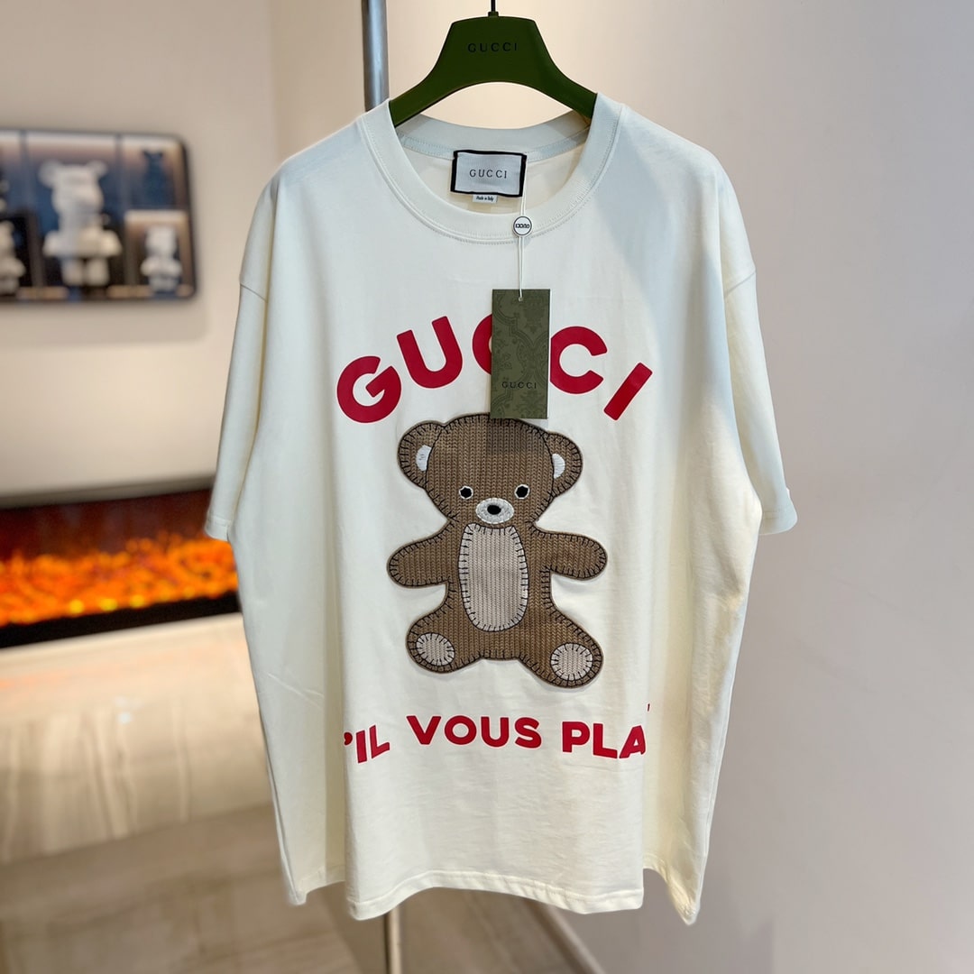 短袖, T恤, GUCCI - Gucci 古馳 泰迪熊貼布繡膠漿圓領T恤短袖 高品質 高版本 超級標志性品牌logo印