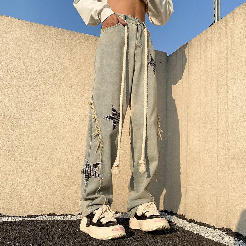 長褲, 衛衣, 短袖, 棒球服, 夾克 - 款號TYE29🌿 FOG FEAR OF GOD美式復古五角星拼接毛邊牛仔褲男女高街寬松直筒嘻哈垂感闊腿褲