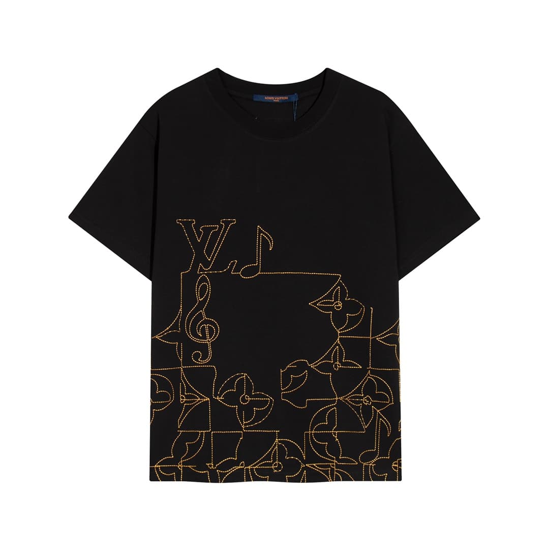 短袖, T恤, GUCCI - YES305 高端品質 獨家定製 lv音符刺繡字母logo圓領短袖 採用定織定染高克重原版面料 洗水完高達2