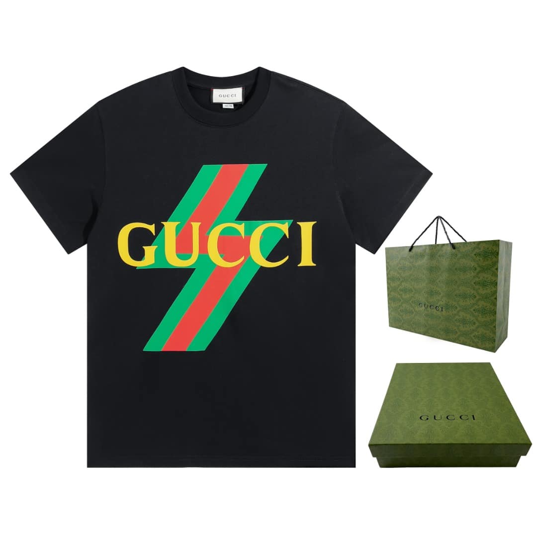 襯衫, 短袖, 夾克, T恤, LOUIS VUITTON, GUCCI - BJK Guc 2022FW 新款 撞色閃電針織圓領短袖T恤 正面彩色字母印花 搭配紅綠閃電標志圖案 簡單
