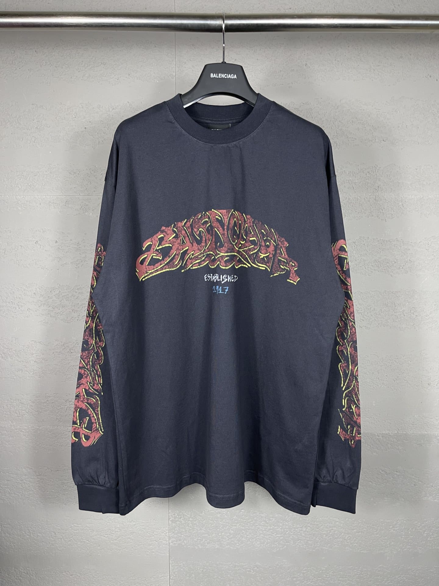 長袖, T恤 - XT5013實拍圖BALENCI*GA 巴黎2024最新火焰塗鴉直噴印花長袖T恤磚