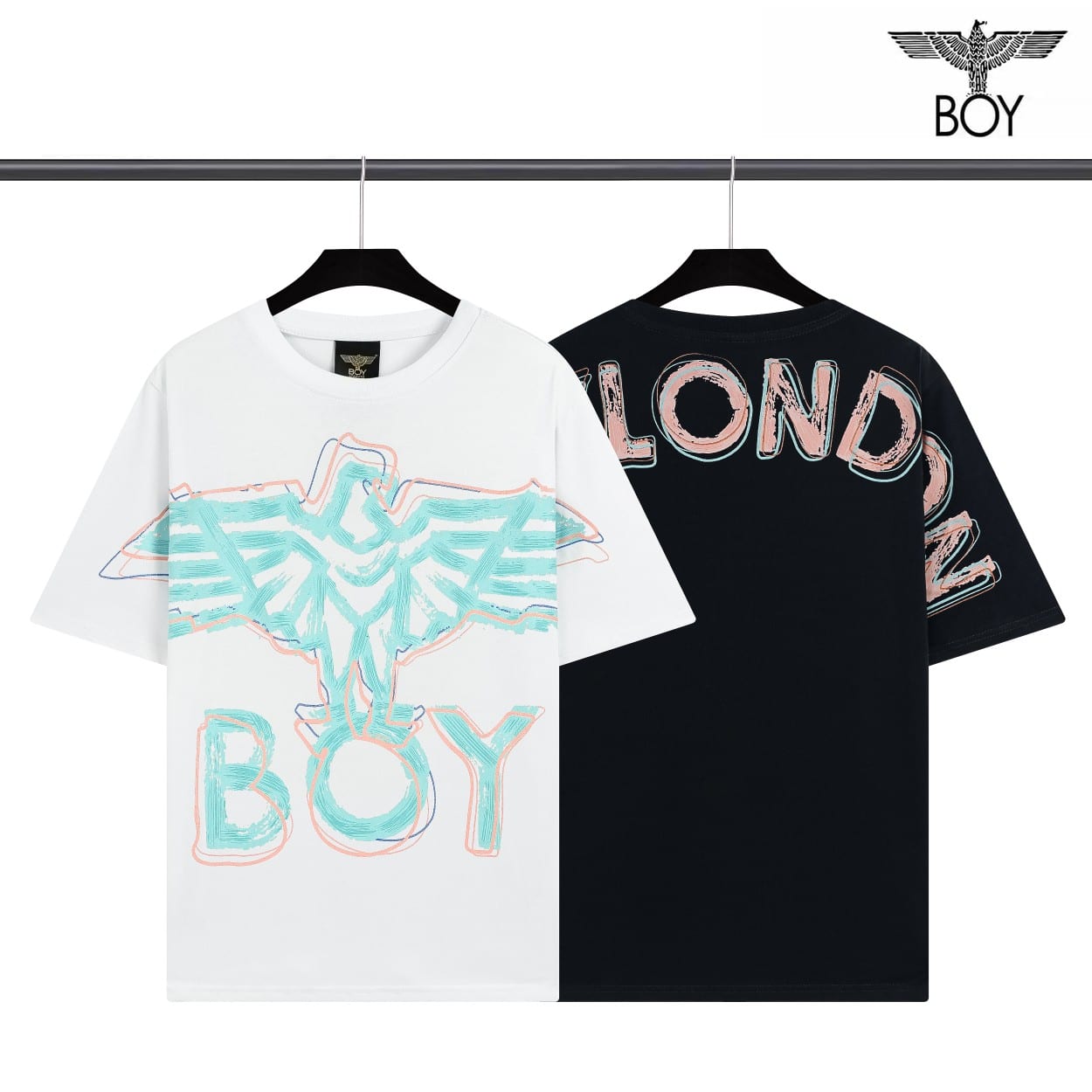 衛褲, 衛衣, 短褲, 短袖, T恤 - AA B30, 布料240克純棉平紋 顏色黑色 BOY潮牌短袖男女同款23春夏新款翅膀logo黑色圓領T