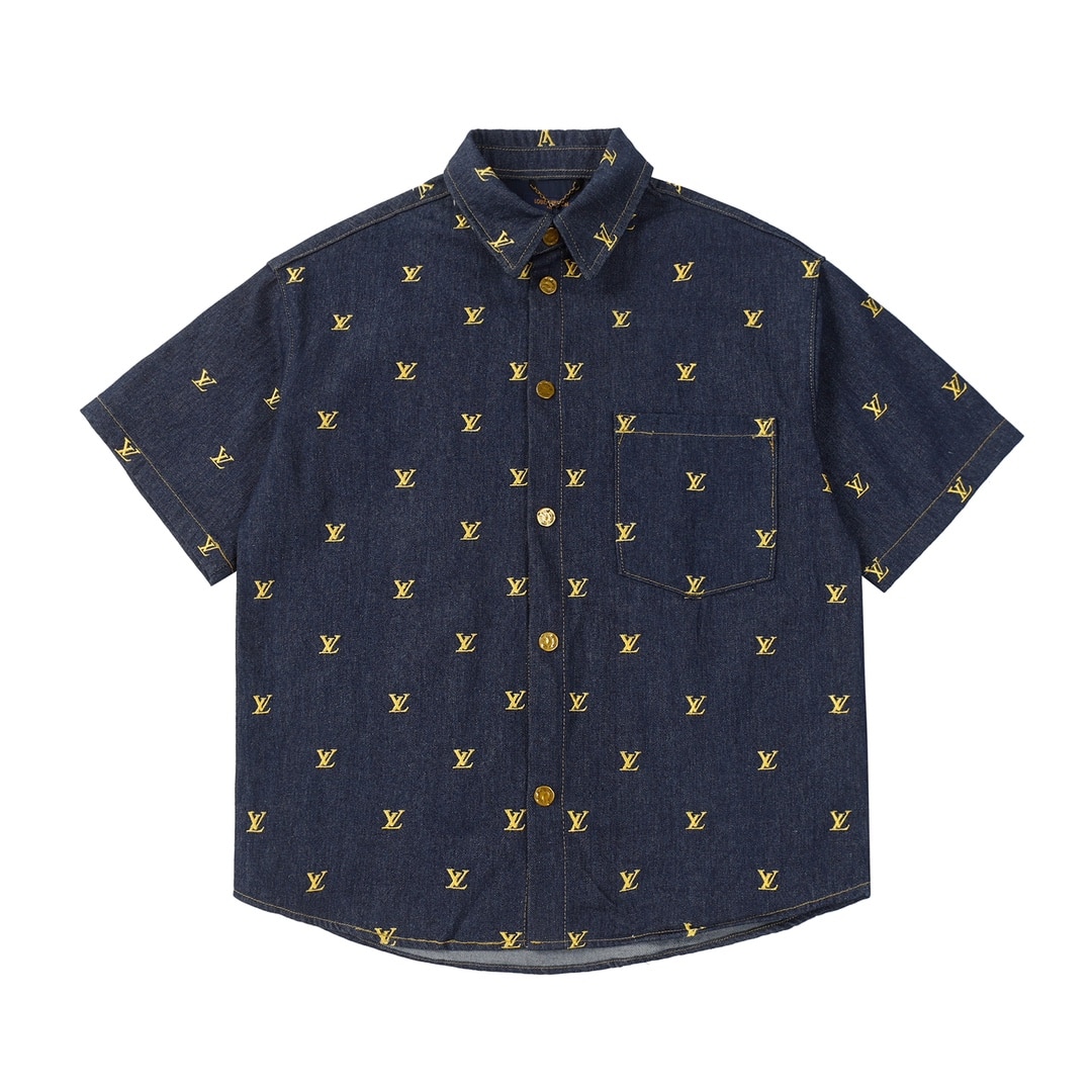 襯衫, 短袖, 夾克 - 052# LV路易威登FW23 Logo刺繡休閒短袖牛仔夾克 外套 男女同款 碼數: S M L X