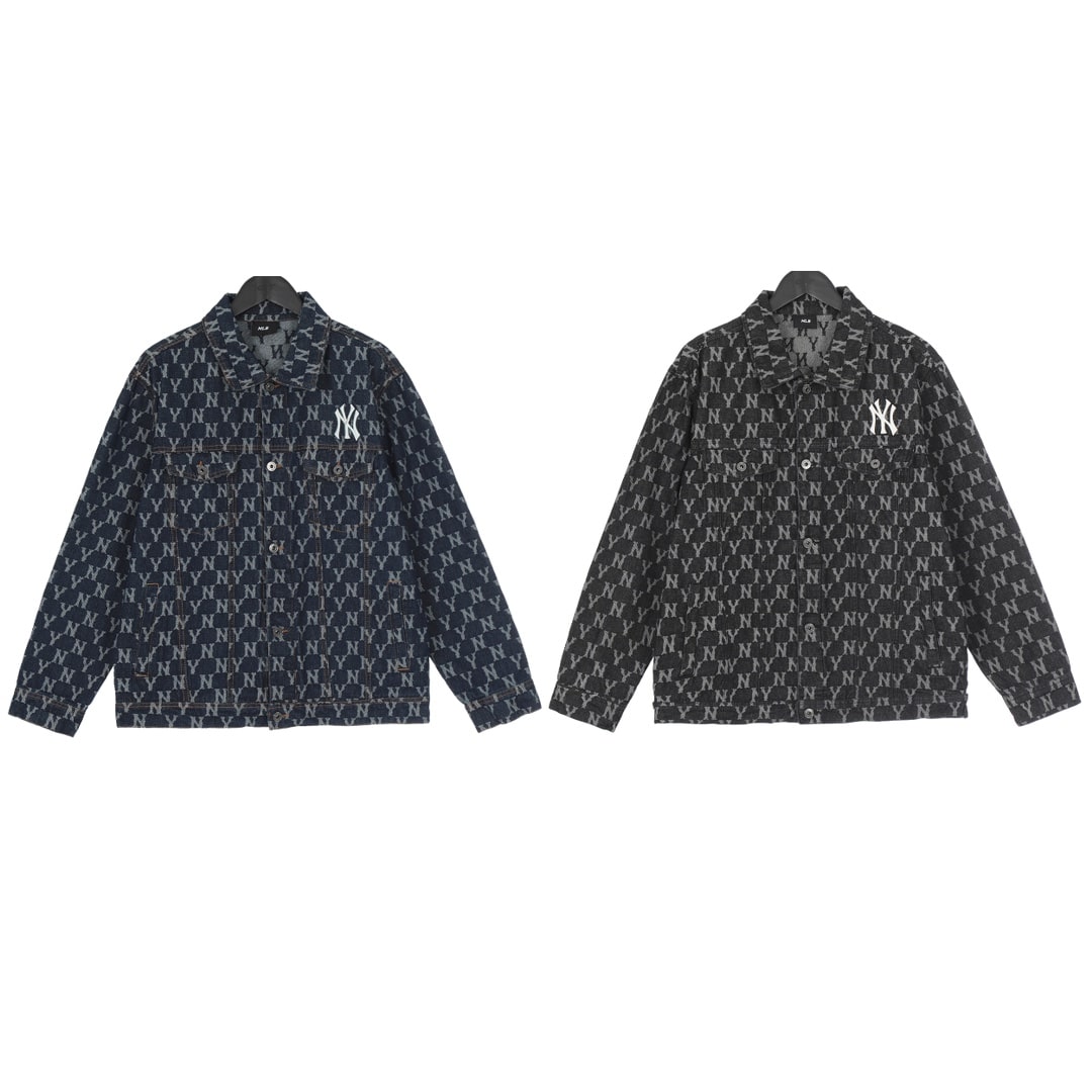 長褲, 長袖, 襯衫, 衛衣, 棒球服, 棉服, 夾克 - KL#J07 MLB MY 洋基隊22ss最新款NY滿印水洗藍牛仔外套情侶夾克 MLB最受小紅書ins潮人