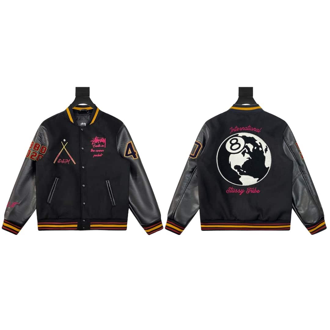 長褲, 長袖, 襯衫, 衛衣, 棒球服, 棉服, 夾克 - KL#J20 Stussy 斯圖西四十周年黑八限定款拼接皮袖毛呢棒球服外套 面料採用720克毛呢混紡 手