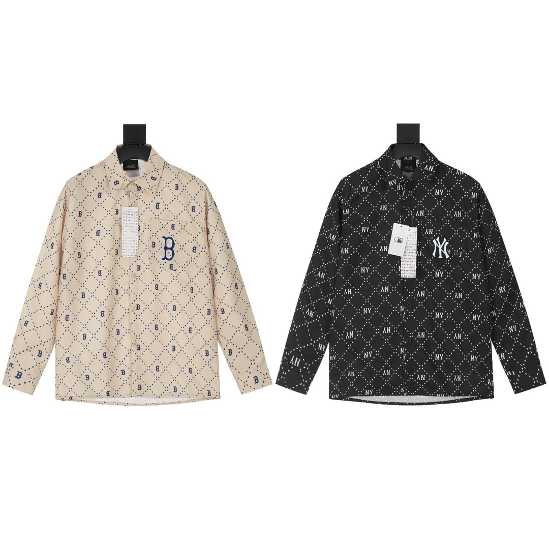 長褲, 長袖, 襯衫, 衛衣, 棒球服, 棉服, 夾克 - KL#J28 MLB洋基隊FW23NY大LOGO老花滿印男女情侶休閒翻領長袖襯衫 顏色干淨還能隨意搭配出各