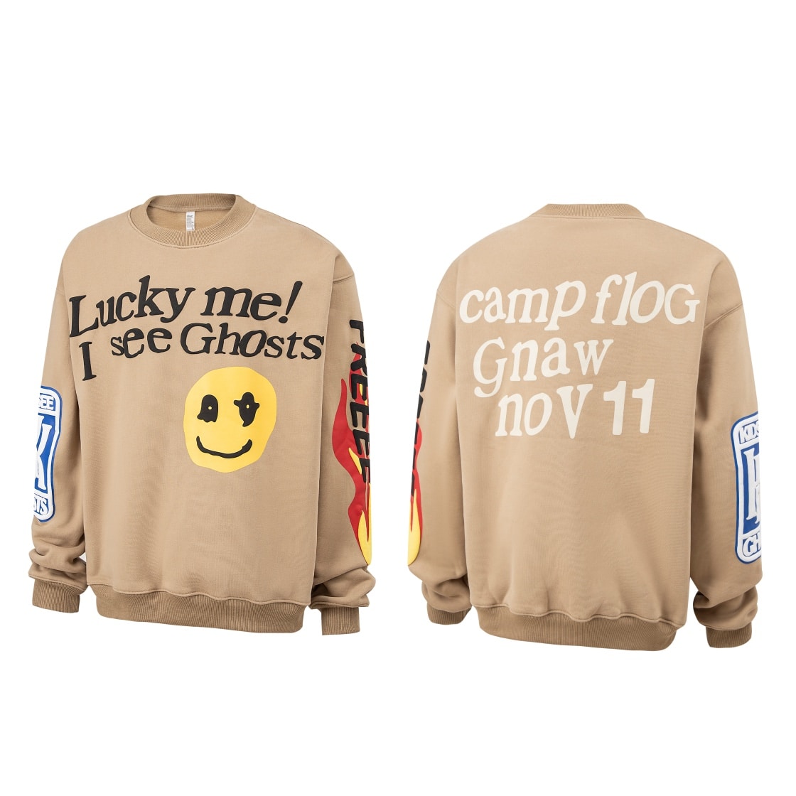長袖, 襯衫, 衛衣 - DS K53 Kanye cfm CKIDS SEE GHOSTS小孩遇見鬼發泡印花加絨圓領衛衣 顏色褐