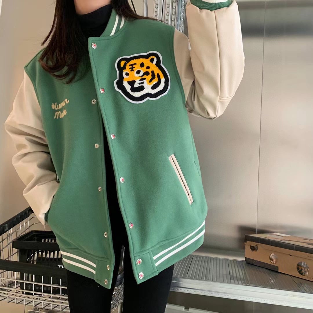 衛衣, 棒球服, 棉服 - 薄款125 棉服135 模特圖 HUMAN MADE毛呢皮毛巾繡貼布老虎頭經典款棒球服 日本潮流