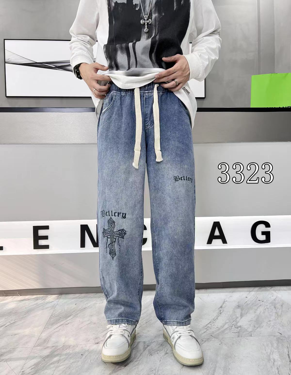 長褲 - 3323 K 23秋季新款上線 無彈松緊腰拖地牛仔褲 直筒寬松版 工藝印花 面料超柔軟舒適 顏