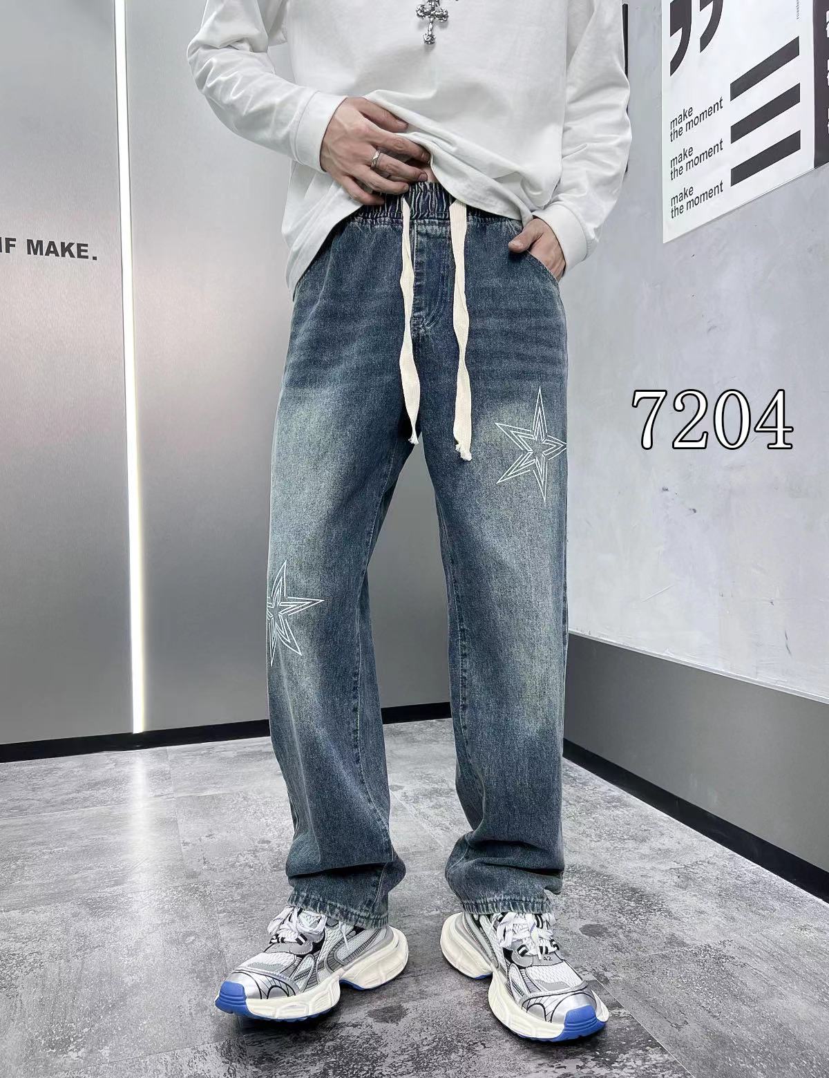 長褲 - 7204 K 23秋季新款上線 無彈松緊腰拖地牛仔褲 直筒寬松版 工藝印花 面料超柔軟舒適 顏