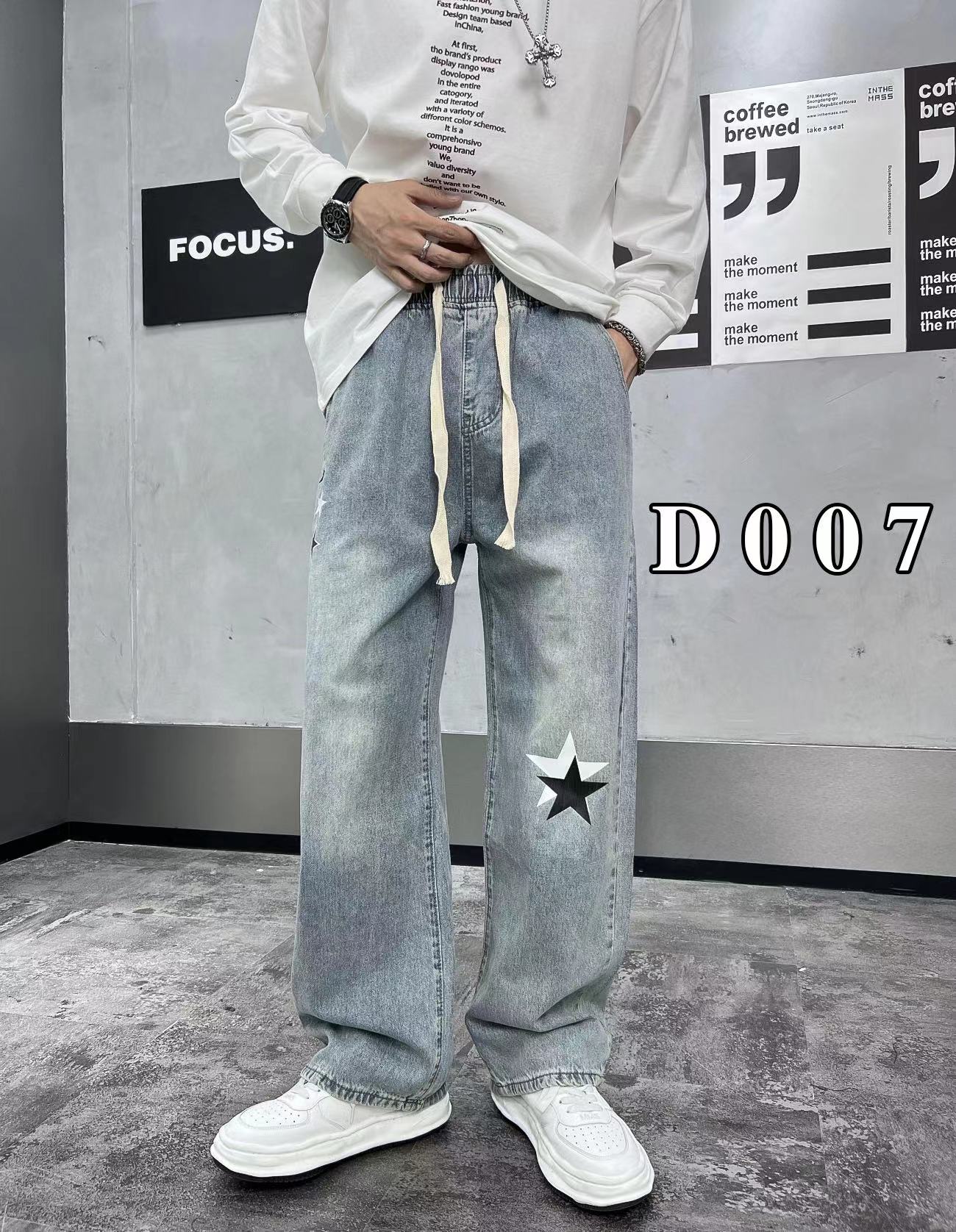 長褲 - D007 K 23秋季新款上線 無彈松緊腰拖地牛仔褲 直筒寬松版 工藝印花 面料超柔軟舒適 顏