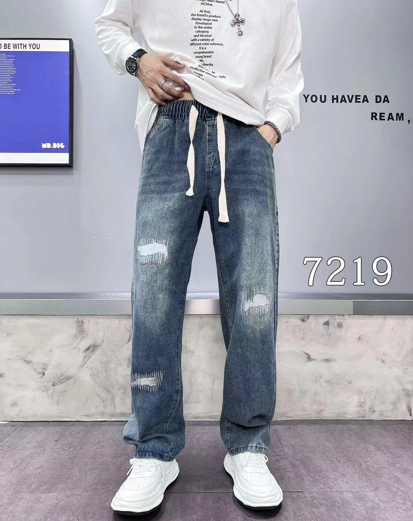 長褲 - 7219 K 23秋季新款上線 無彈松緊腰拖地牛仔褲 直筒寬松版 工藝印花 面料超柔軟舒適 顏