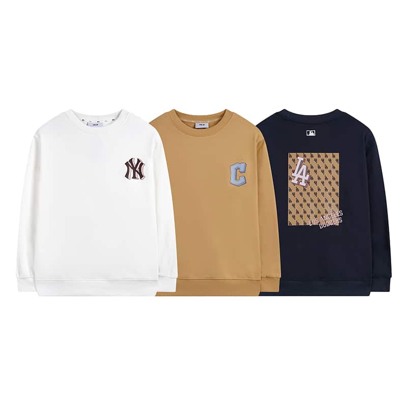 衛衣 - 75 MLB 男女情侶膠印logo老花圓領衛衣寬松休閒23秋季新款 C020 面料380克純棉毛圈