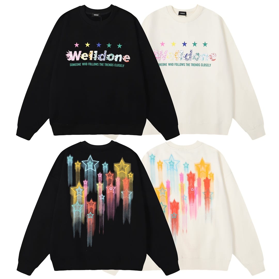 衛衣 - WL6607 Welldone秋冬新款高發泡星星彩虹圓領衛衣 Size:S、M、L、 XL 、 顏色: 黑色